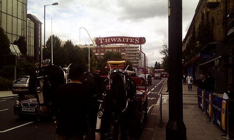 Horse-drawn Thwaites dray at the Great British Beer Festival.