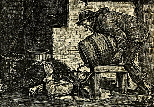 Punch 1867: beer being poured down a bloke's throat.