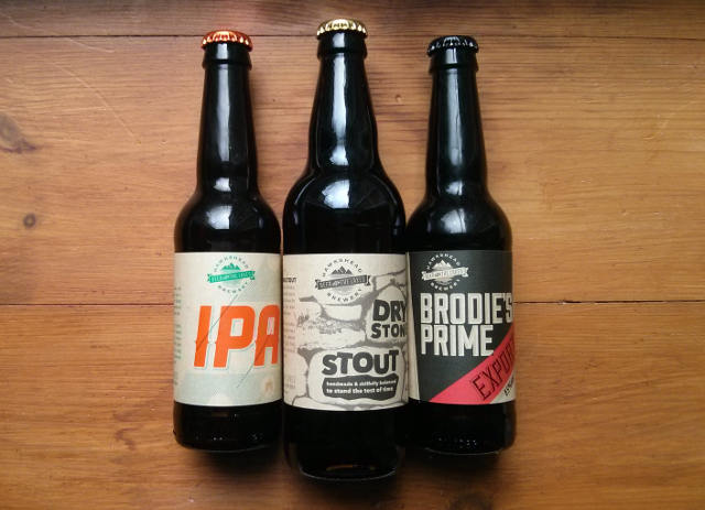 Hawkshead bottled beers: IPA, Dry Stone Stout and Brodie's Prime Export.