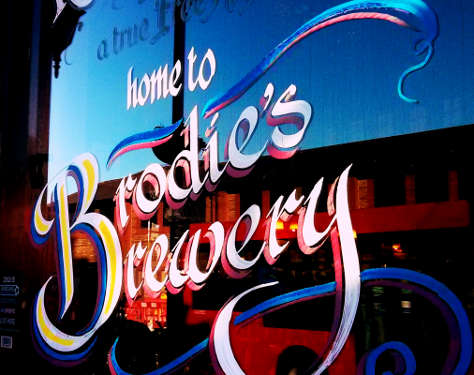 Brodie's Brewery window sign.
