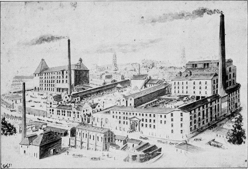A drawing of a large Victorian brewery.