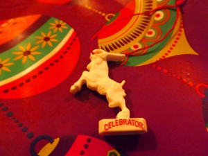 Celebrator plastic goat at Christmas.