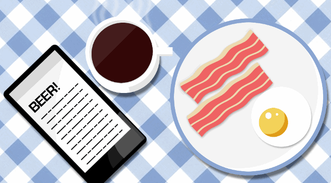 Breakfast reading illustration: steaming coffee, bacon and eggs, smartphone.