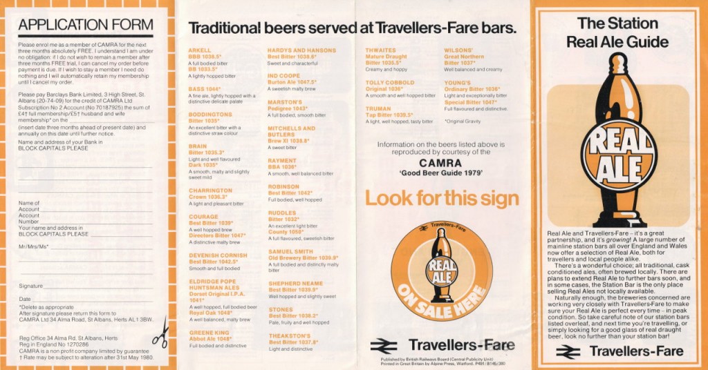 Travellers-Fare Real Ale leaflet 1979, side one, listing beers available.