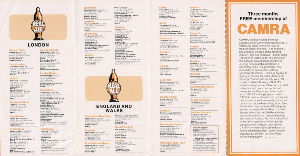 Travellers-Fare Real Ale leaflet 1979, side two, listing station pubs.