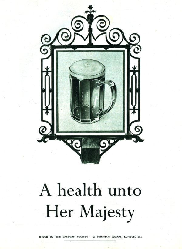 A ten-sided pint glass on an inn-sign: "A health unto Her Majesty".