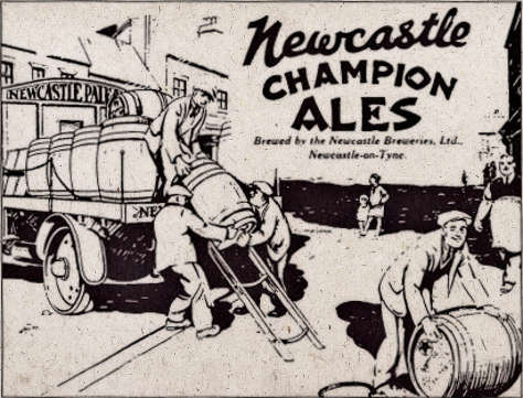 Old advertisement: men loading a dray with casks.