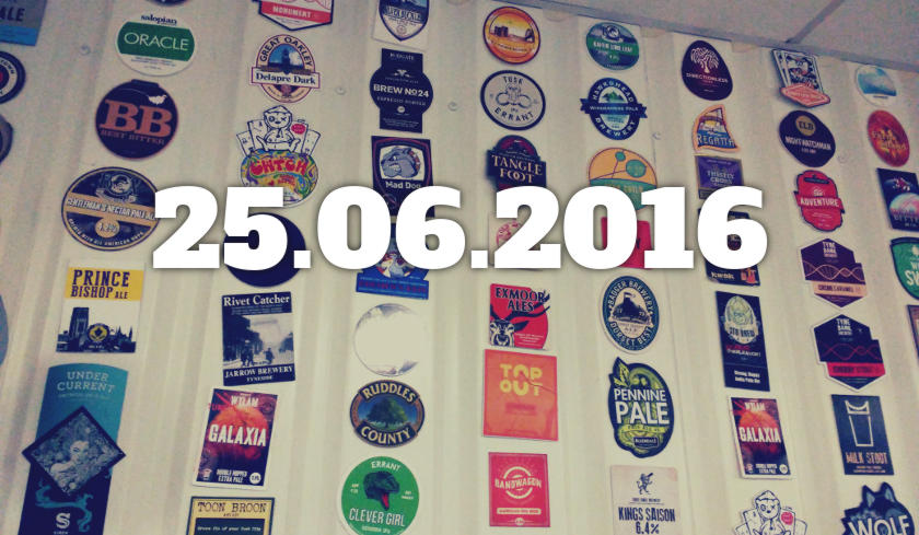 Date overlaid on an image of pumpclips on a pub wall.