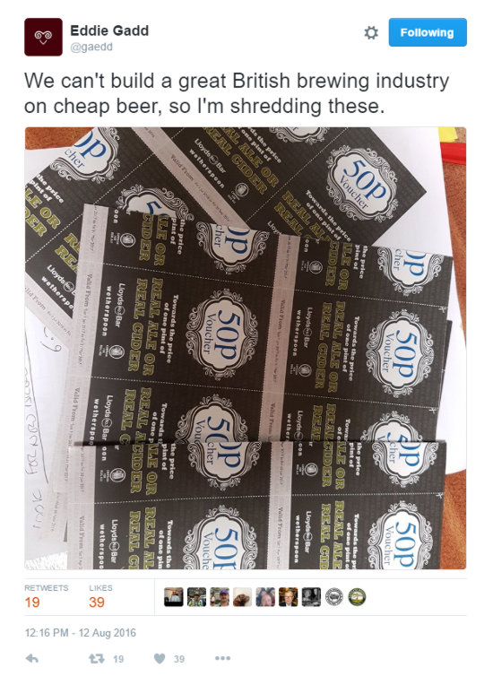 @gaedd: 'We can't build a great British brewing industry on cheap beer, so I'm shredding these.' [Wetherspoon's Vouchers]