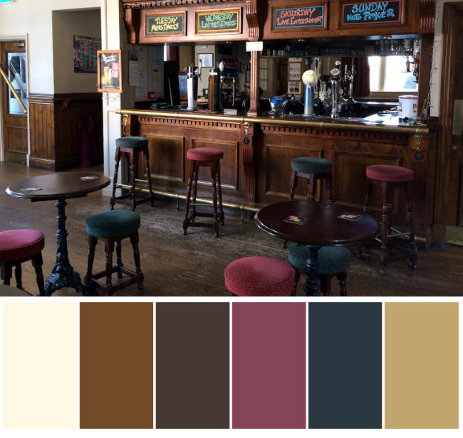 A photo of a pub interior with colour pallette at bottom.