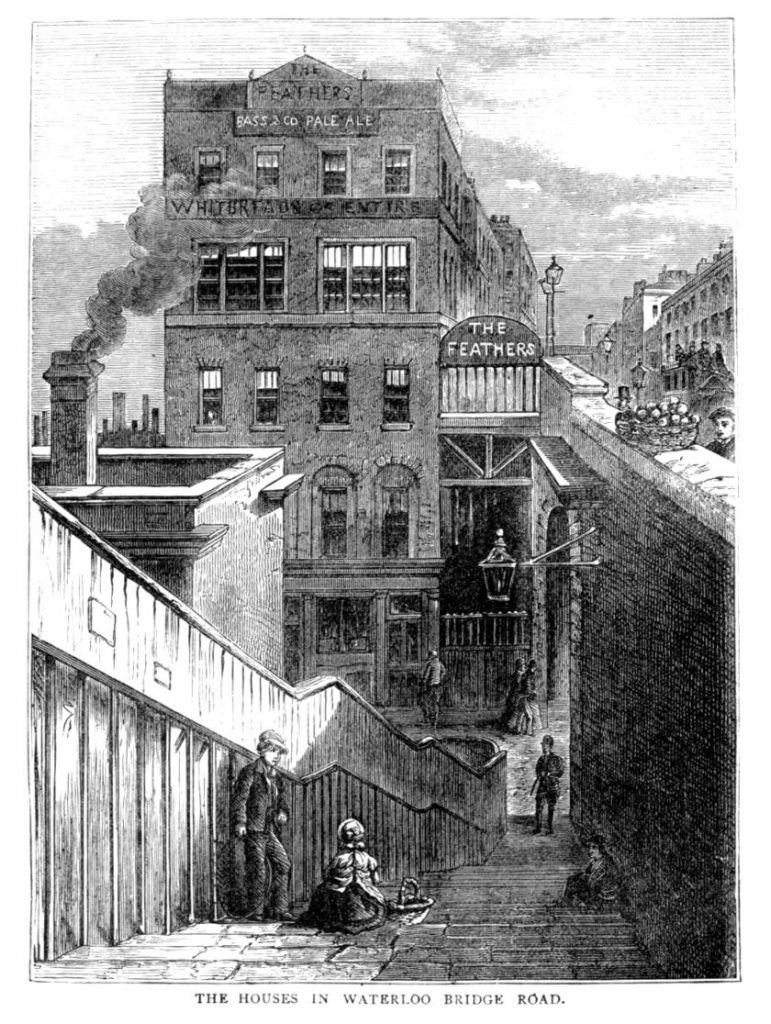 The Feathers public house, Waterloo, London, in an 1870s engraving.