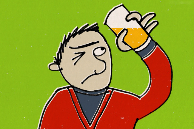 Cartoon: a man peers at a beer with a beady eye.