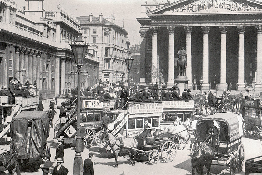 Omnibuses outside the Royal Exchange.