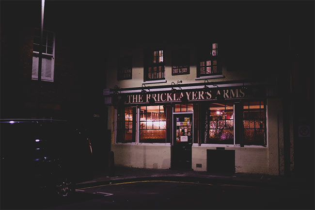 The Bricklayer's Arms at night.