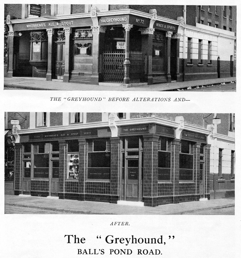 The Greyhound, Balls Pond Road, before and after modernisation.