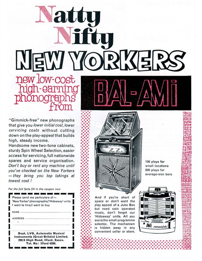 An advertisement for Bal-Ami jukeboxes.
