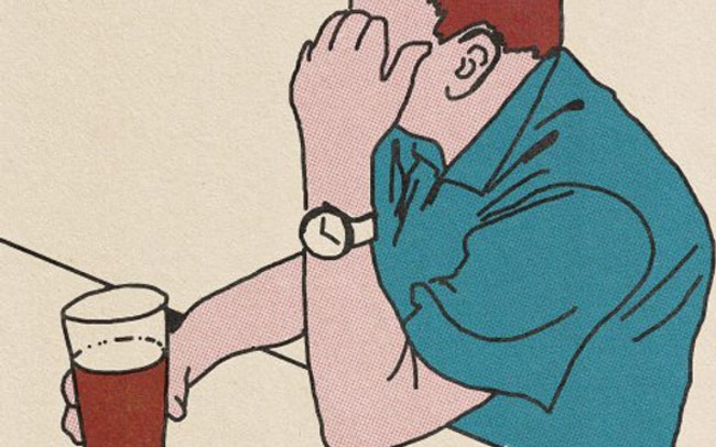 An illustration of a man drinking a pint of beer with his hand obscuring his face.