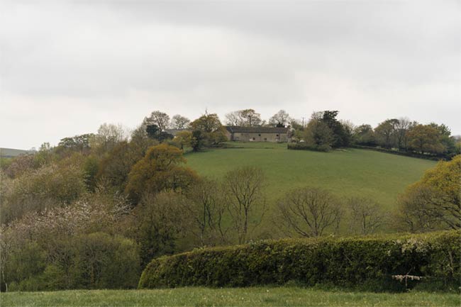 A hillside with farm buildings.