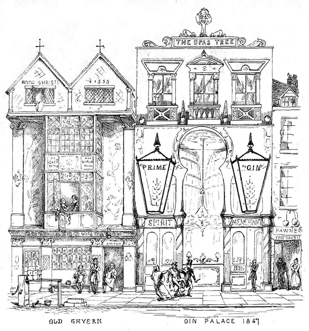 A gin palace vs. an old tavern, 1840s.