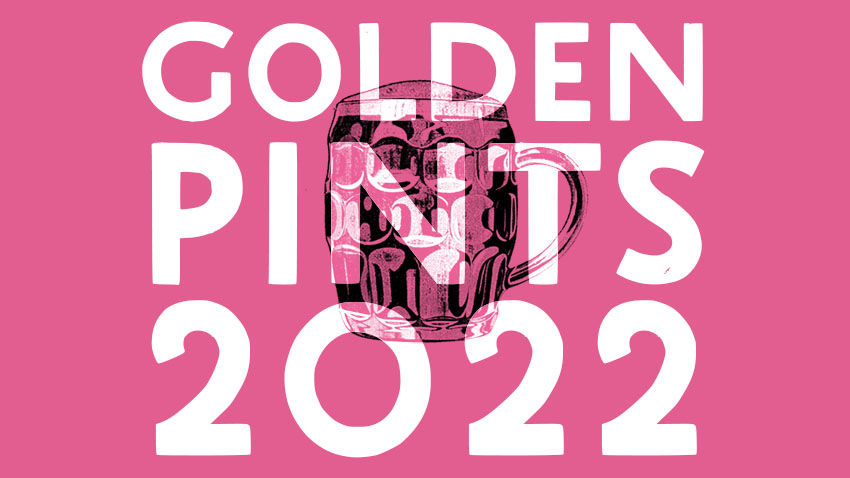 A pint glass intertwined with the words Golden Pints 2022.