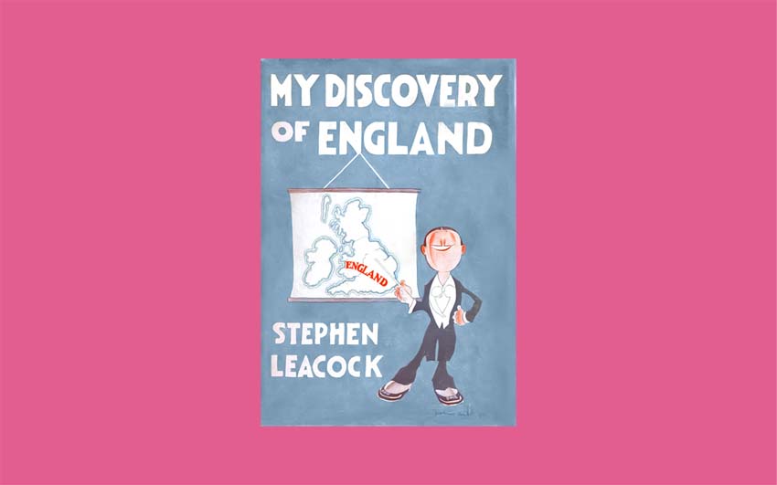 The cover of My Discovery of England with a cartoon of a man pointing at a map of the UK.