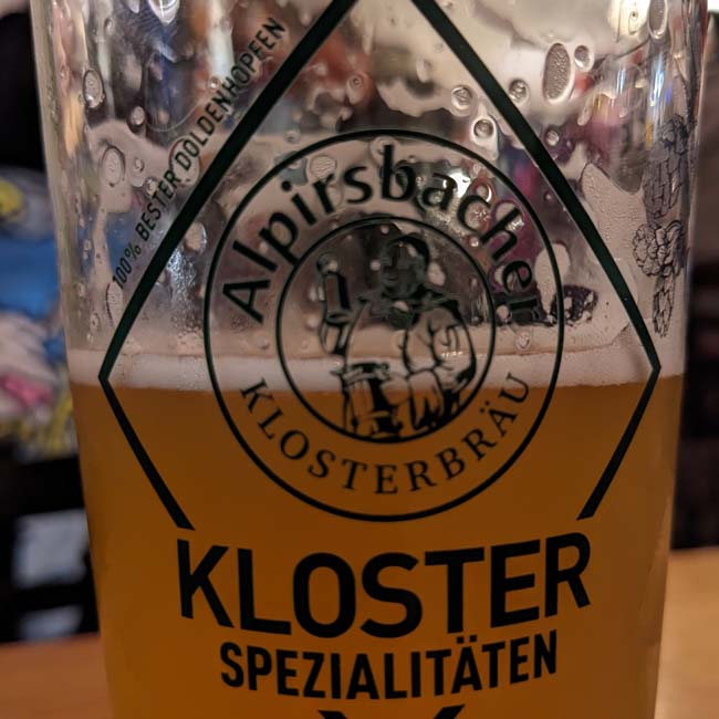 A glass of beer from Alpirsbacher Klosterbräu.