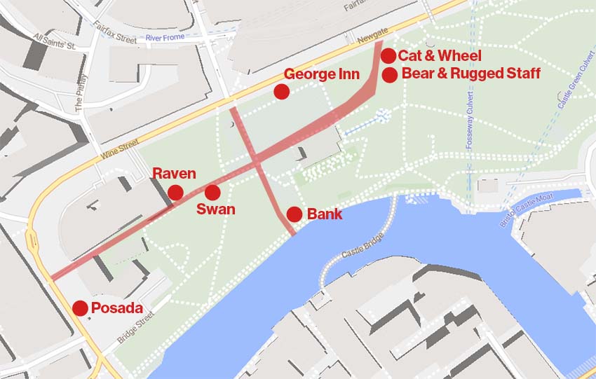 A map showing modern day Castle Park with the old streets roughly marked and the locations of the seven pubs.