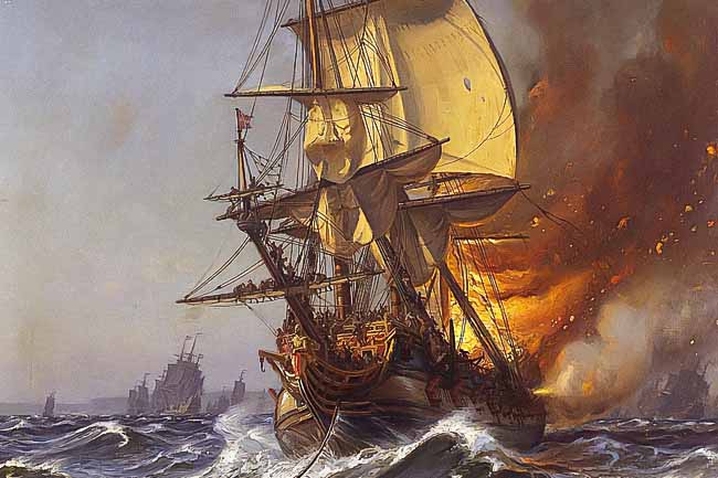 A painting of a naval ship on fire.