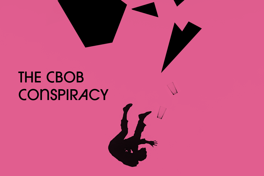 Illustration: the CBOB conspiracy, with a figure falling with pint glasses around him.