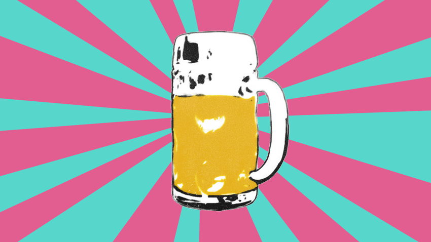An illustration of a stein of Festbier with rays of light behind it.
