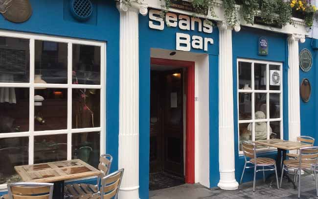 Seans' Bar, a pub with a blue frontage and funky modern sign.