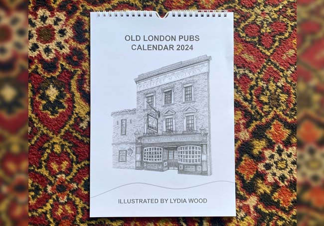 Old London Pubs Calendar 2024 by Lydia Wood, with a drawing of the Prospect of Whitby in Wapping on the cover.