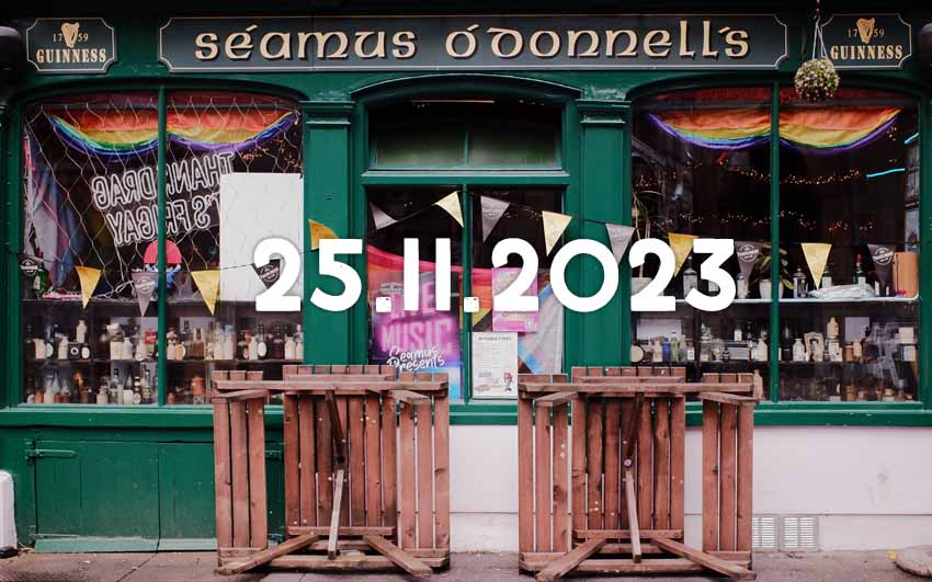 The exterior of Seamus O'Donnell's, an Irish pub in Bristol, bedecked with pride flags.