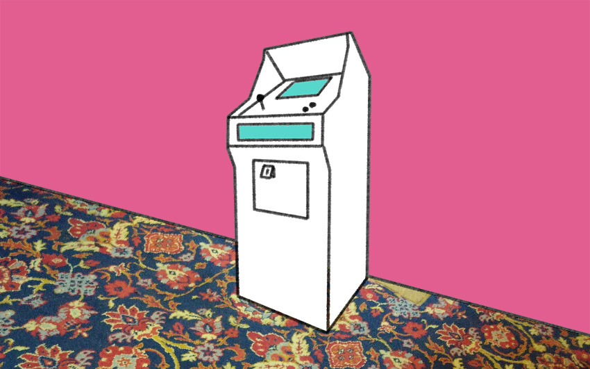 Illustration of a video game cabinet in a pub with a garish carpet.